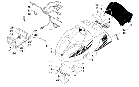 HOOD, HEADLIGHT, AND WINDSHIELD ASSEMBLY