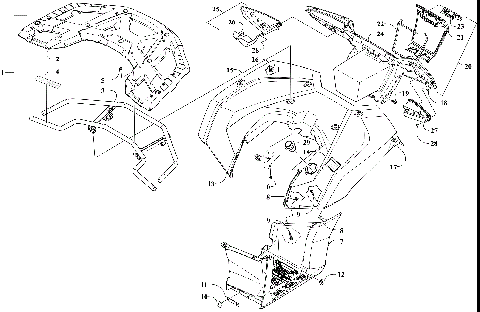 REAR RACK, BODY PANEL, FOOTWELL, AND TAILLIGHT ASSEMBLIES [303281]