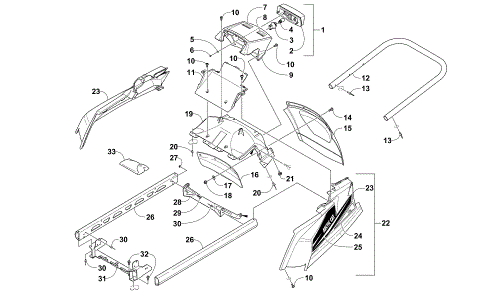REAR BUMPER, RACK RAIL, SNOWFLAP, AND TAILLIGHT ASSEMBLY