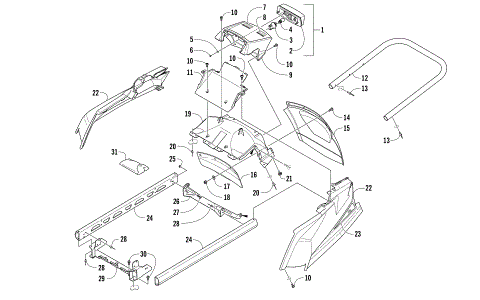 REAR BUMPER, RACK RAIL, SNOWFLAP, AND TAILLIGHT ASSEMBLY