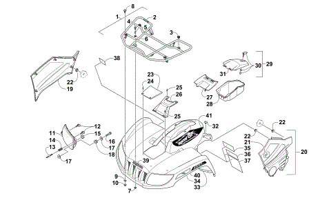 FRONT RACK, BODY PANEL, AND HEADLIGHT ASSEMBLIES