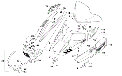 HOOD, WINDSHIELD, AND FRONT BUMPER ASSEMBLY