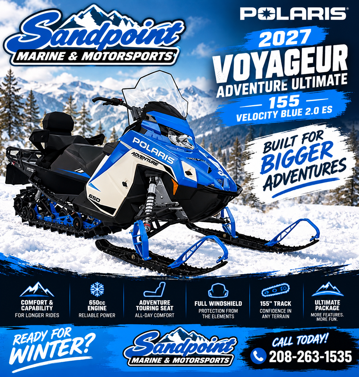 2027 Polaris 650 Voyageur Adventure Ultimate 155 Velocity Blue  for sale 1308773