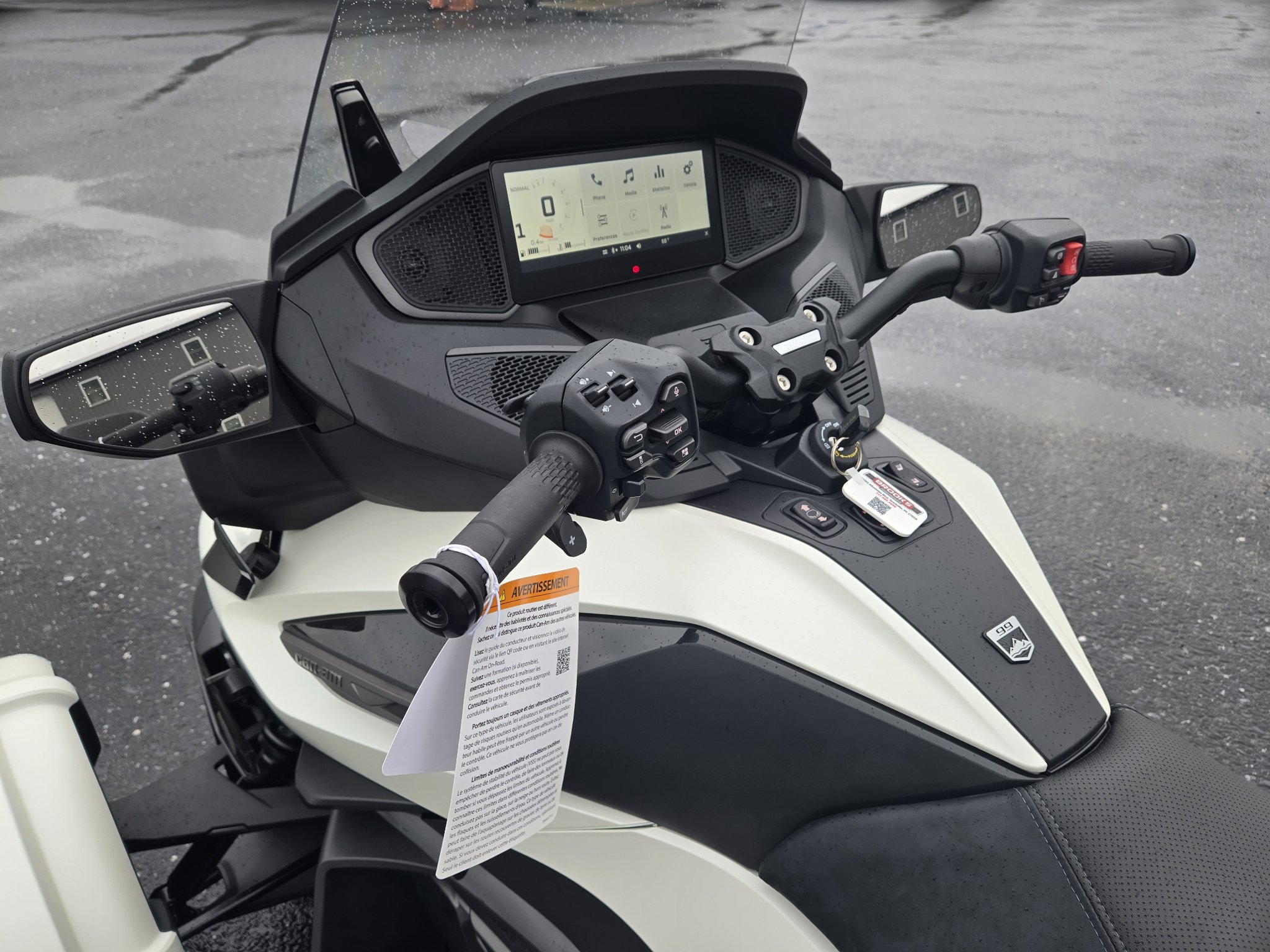 2026 Can-Am Spyder RT Sea-to-Sky in Vegas White Satin — front three-quarter view