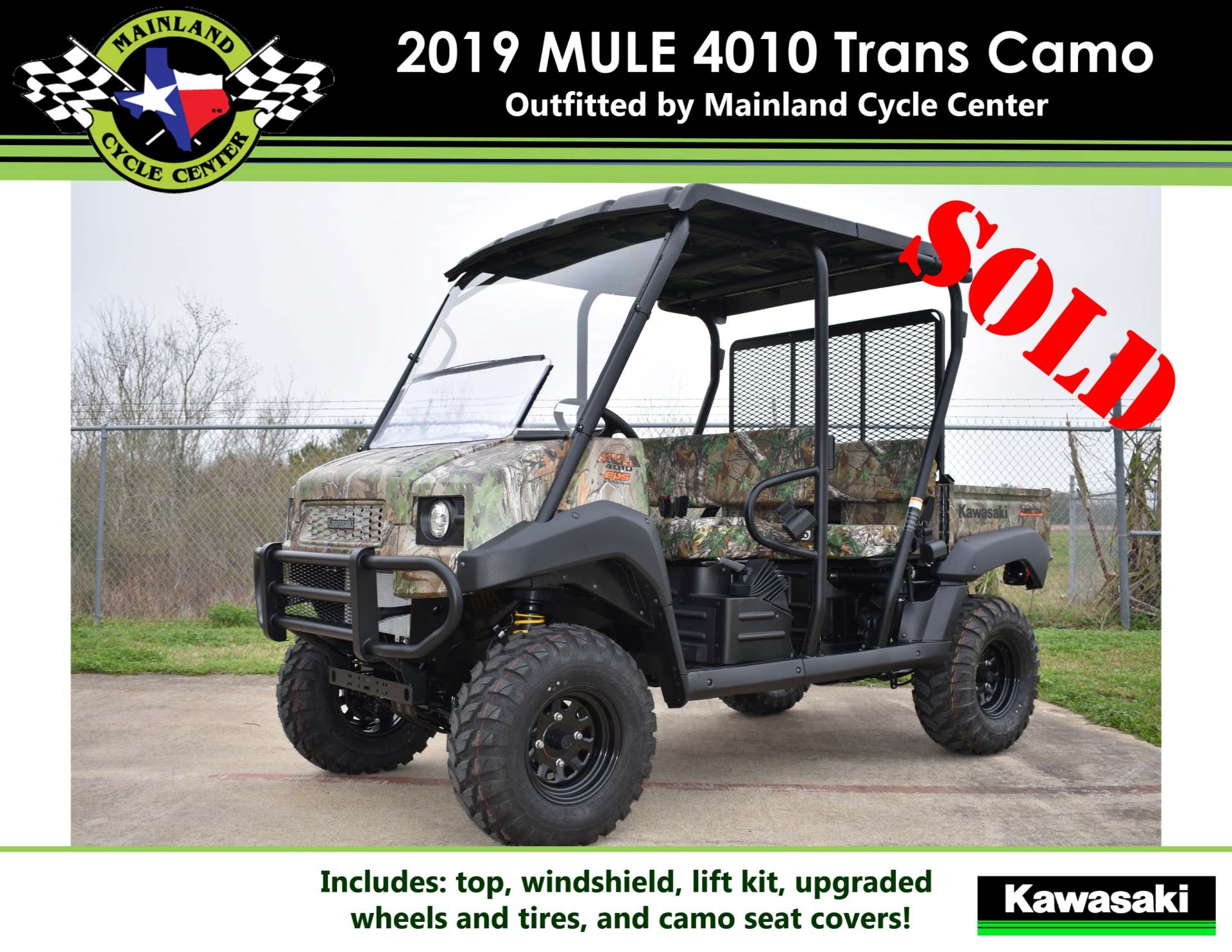 New 2019 Kawasaki Mule 4010 Trans4x4 Camo Realtree Xtra Green Camo