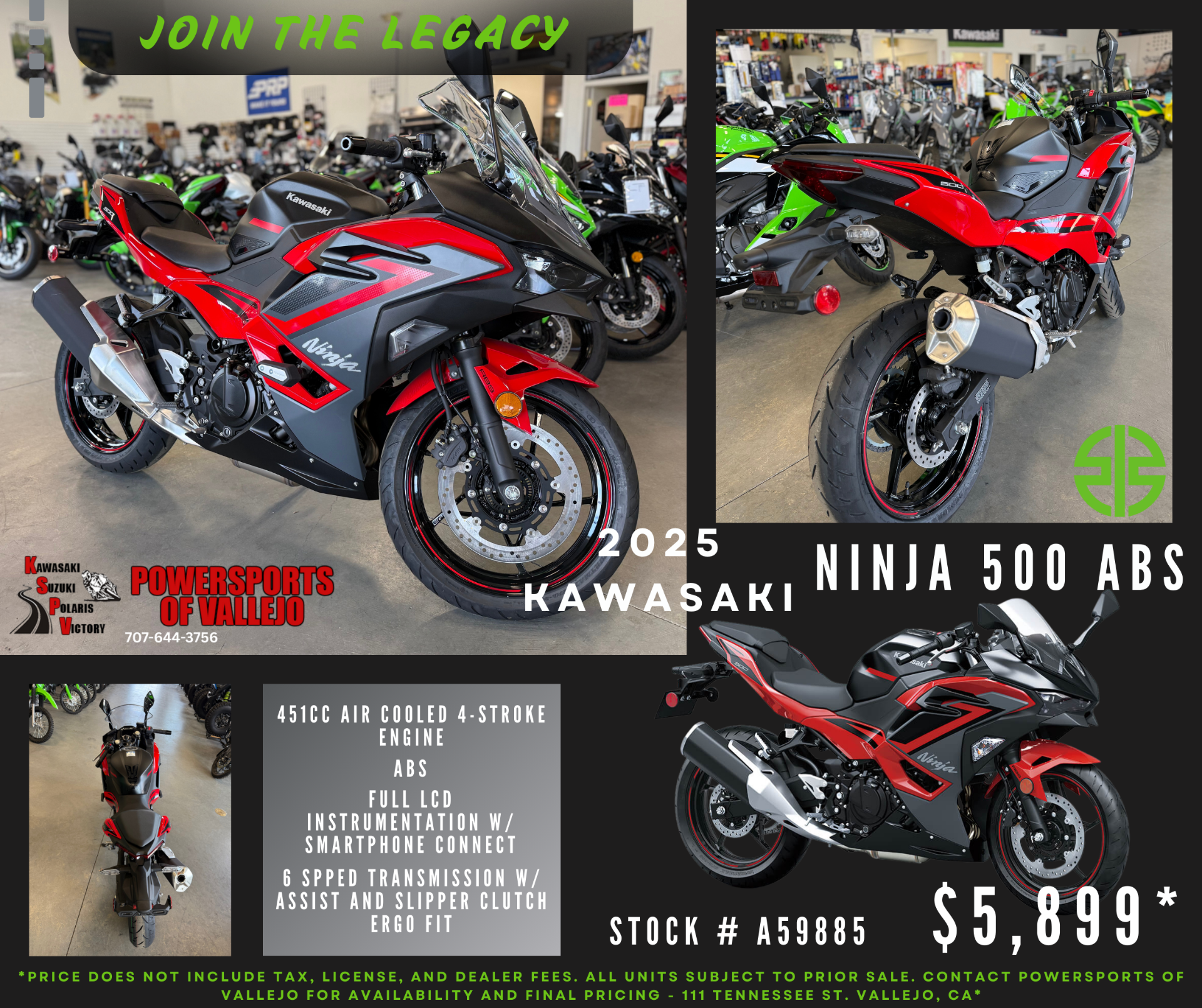 New 2025 Kawasaki Ninja 500 ABS Passion Red / Metallic Flat Spark