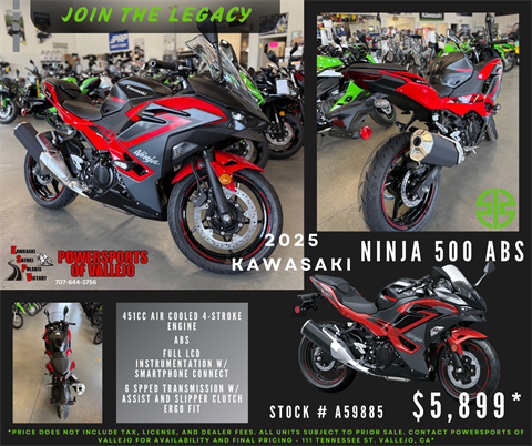 New 2025 Kawasaki Ninja 500 ABS Passion Red / Metallic Flat Spark