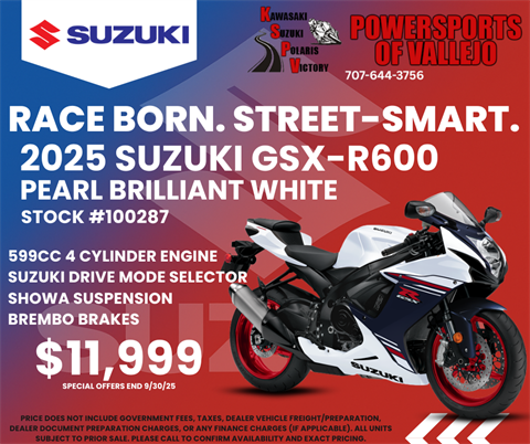 New 2025 Suzuki GSX-R600 Pearl Brilliant White / Metallic Matte