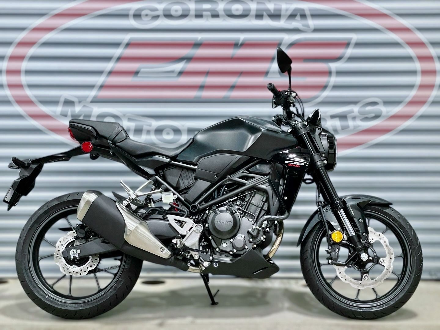2025 Honda CB300R ABS in Matte Black Metallic — front three-quarter view