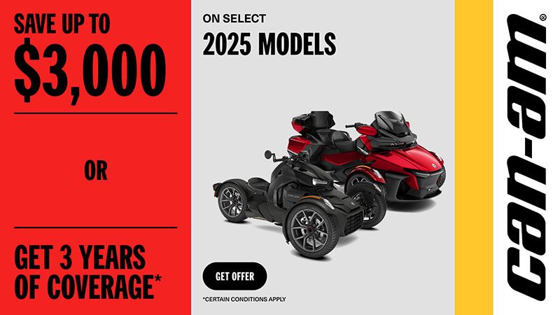 Can-Am - Save up to $3,000 or 3 years of coverage on select 2025 Can-Am 3 wheel vehicles
