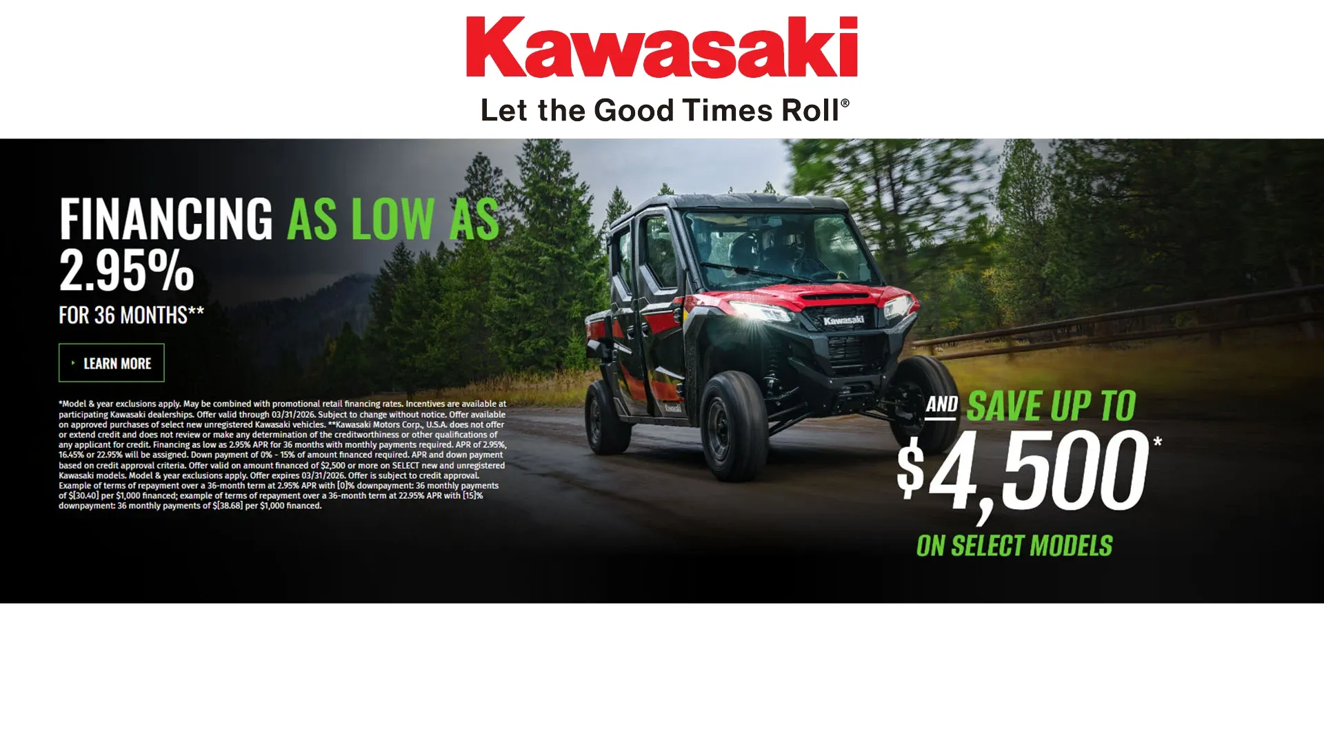 Kawasaki - Financing As Low Aa 2.95% For 36 Months And Save Up To $4,500 On Select Models