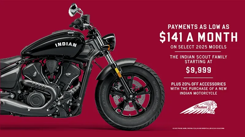 Indian Motorcycle - Payments as low as $141 a month on select new 2025 models. The Indian Scout family starting at $9,999