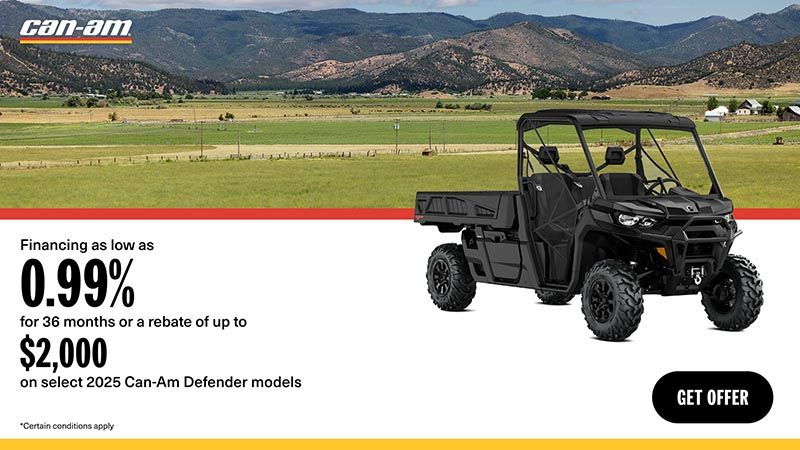 Can-Am - Financing as low as 0.99% for 36 months or a rebate of up to $2,000 on select 2025 Can-Am Defender models
