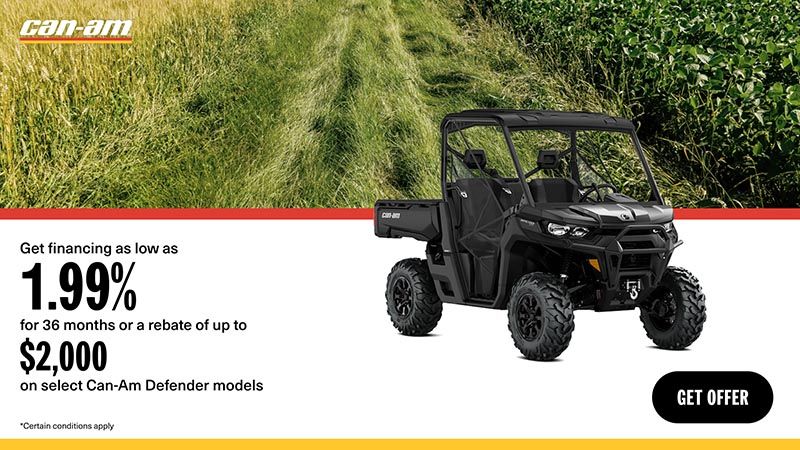 Can-Am - Get financing as low as 1.99% for 36 months or a rebate of up to $2,000 on select Can-Am Defender models