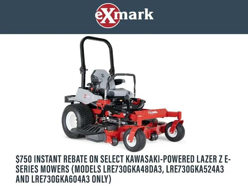 Exmark - $750 Instant Rebate on select Kawasaki-Powered Lazer Z E-Series Mowers (Models LRE730GKA48DA3, LRE730GKA524A3 and LRE730GKA604A3 Only)