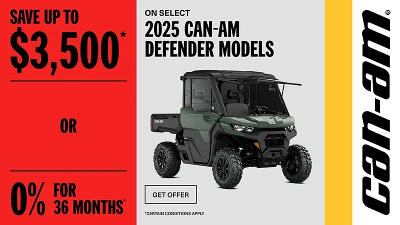 Can-Am - Rebate of up to $3,500 or 0% for 36 months on select 2025 Can-Am Defender models