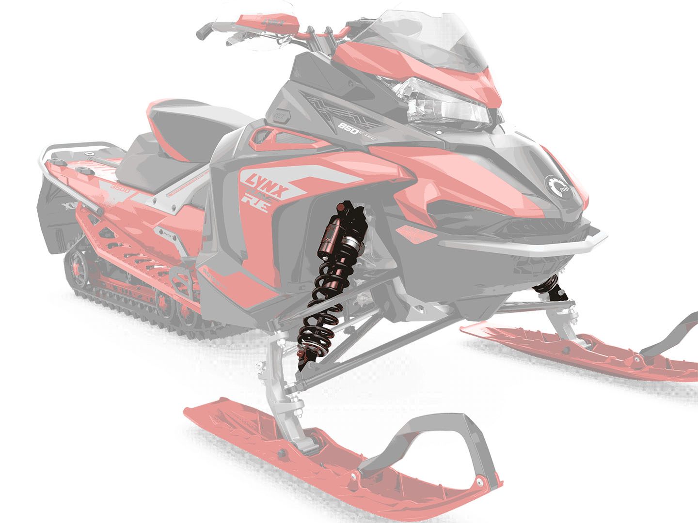 MORE STABILITY: LFS+ front suspension - The new LFS+ front suspension features more suspension travel and wider, 1097 mm ski stance, providing the Lynx Rave sport snowmobile with improved control and flatter cornering capability. - Photo 16